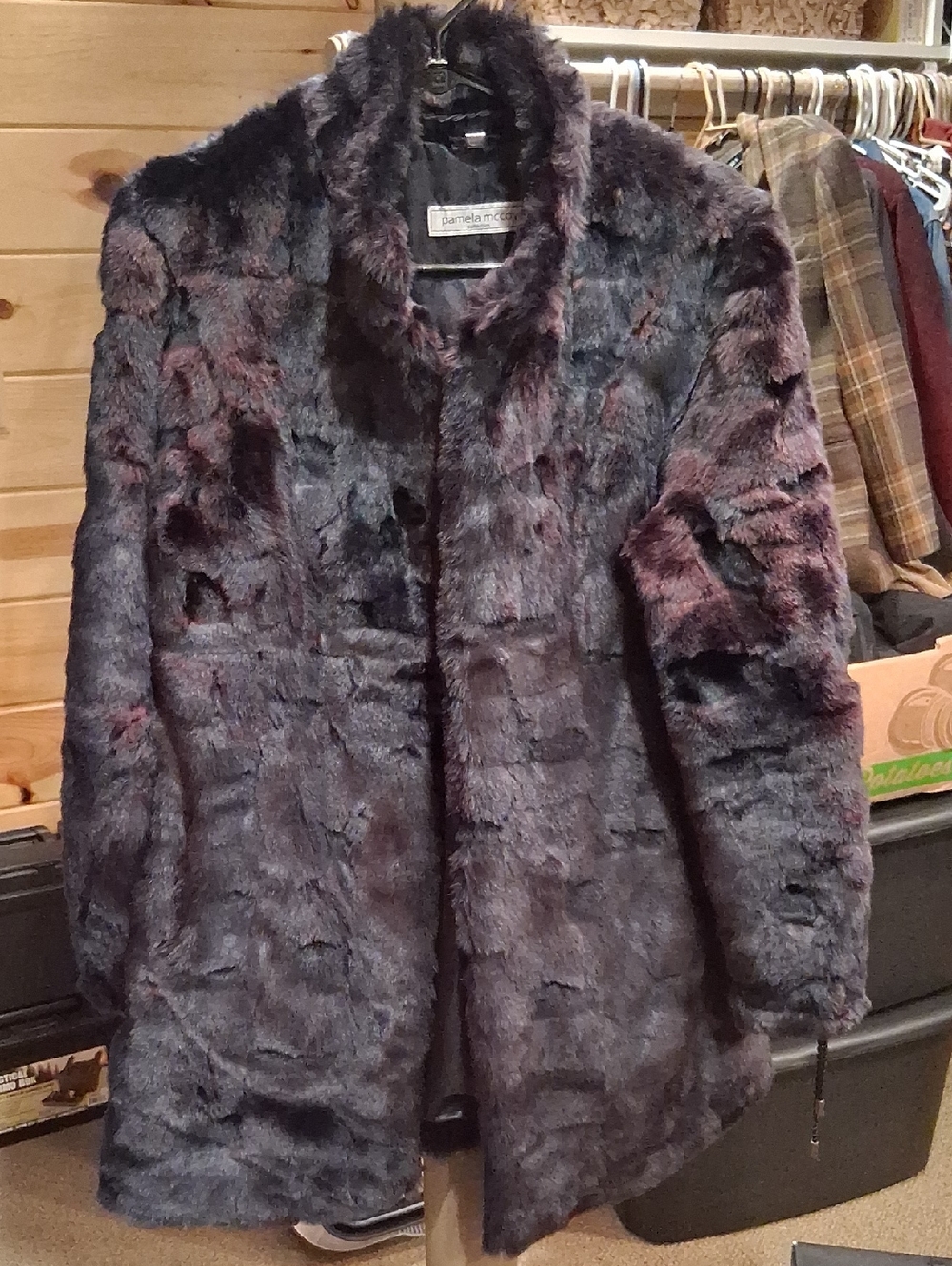 PAMELA MCCOY Stylish Faux Fur Coat - Dark Plum/Charcoal BLUE